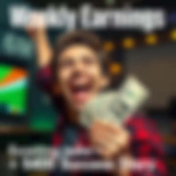 Weekly Earnings Success A person celebrating their earnings with a big smile and cash in hand, showing excitement about making over $400 in a week.