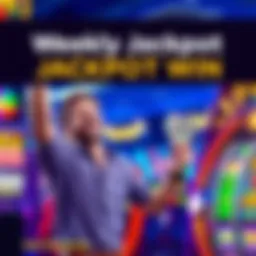 A person celebrating a $50 jackpot win with a big smile and cash in hand next to a spinning machine.