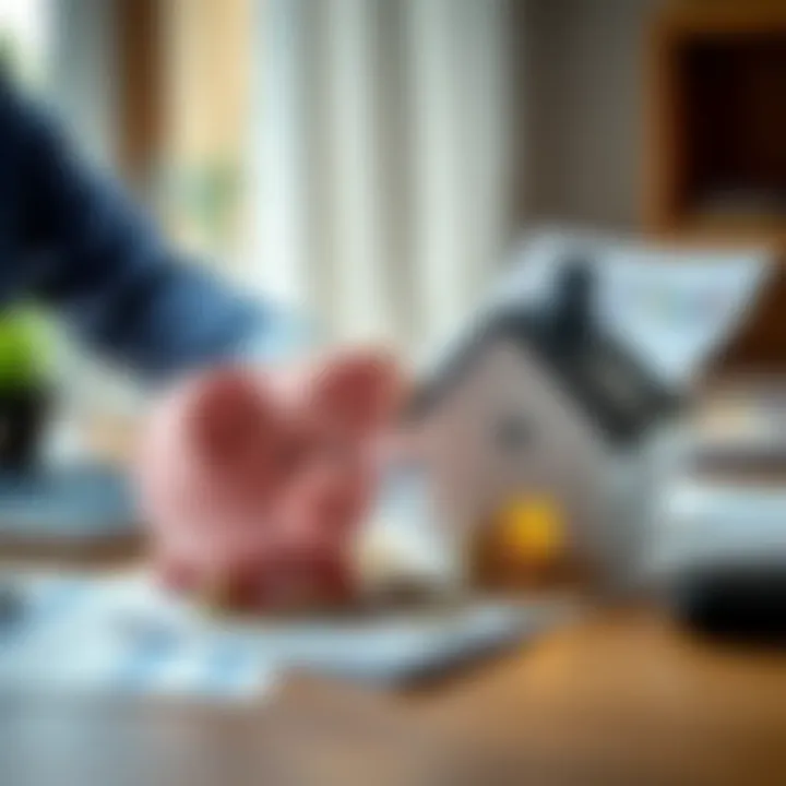 Weekly Investment Plan A person calculating finances with a piggy bank and house model on a table, symbolizing a weekly investment plan for a house deposit.