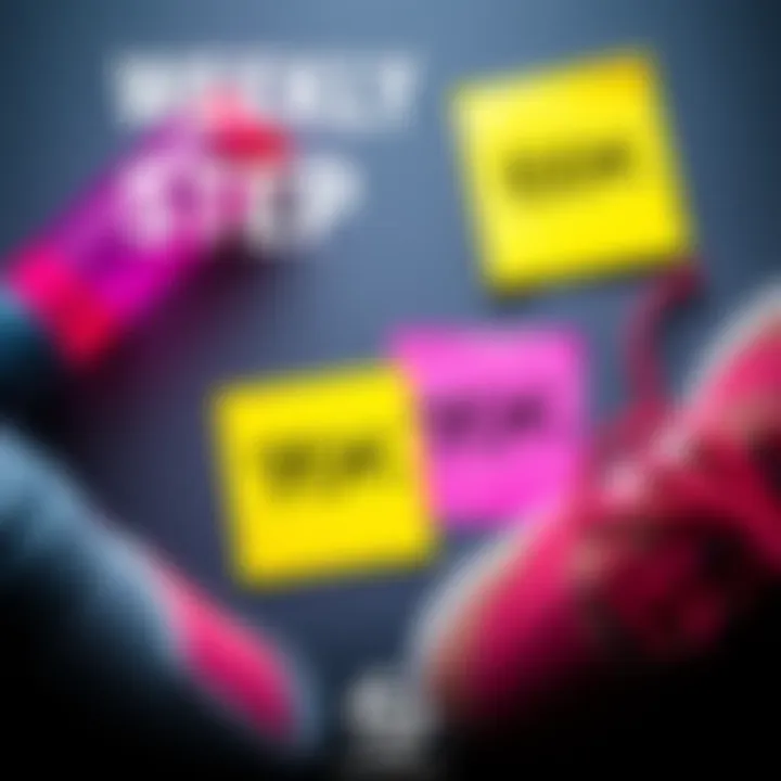 A visual representation of fitness goals with 50K, 70K, and 100K steps written on sticky notes, surrounded by workout gear like sneakers and a water bottle.