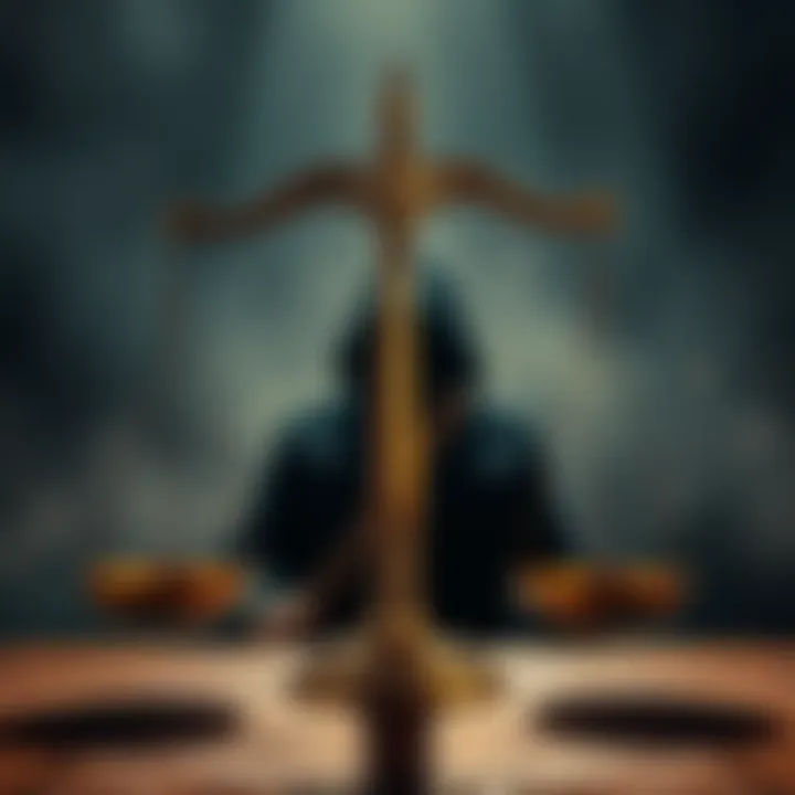 The Weight of Judgment A scale balancing innocence and guilt against a backdrop of a shadowy figure returning from obscurity