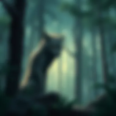 Werewolfjak Character A digital illustration of Werewolfjak, a wolf-like character with unique features, standing in a forest setting that conveys a sense of mystery and adventure.