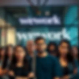 Group of diverse people looking concerned in front of a WeWork office with limited booking signs