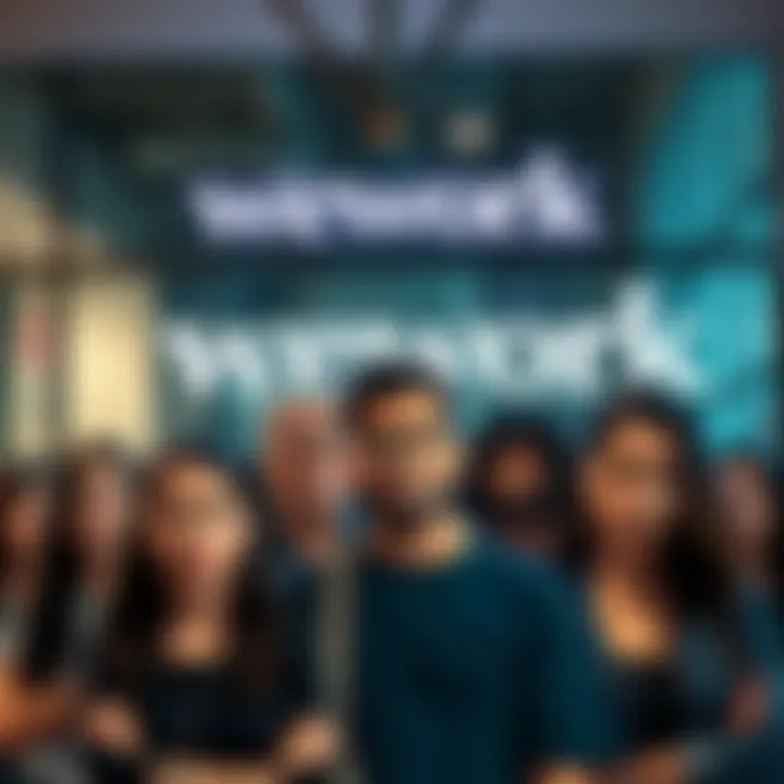 Frustrated WeWork Members Group of diverse people looking concerned in front of a WeWork office with limited booking signs
