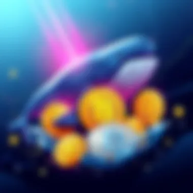 Illustration of a whale holding Bitcoin coins against a backdrop of financial symbols, depicting the challenge of spending cryptocurrency without attracting attention.