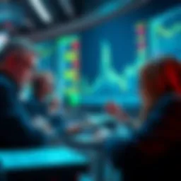 A group of whale investors analyzing market trends while betting against the stock market, indicating a potential downturn.