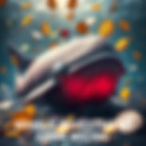 A sad whale symbolizing a large loss in investment, surrounded by falling cryptocurrency symbols