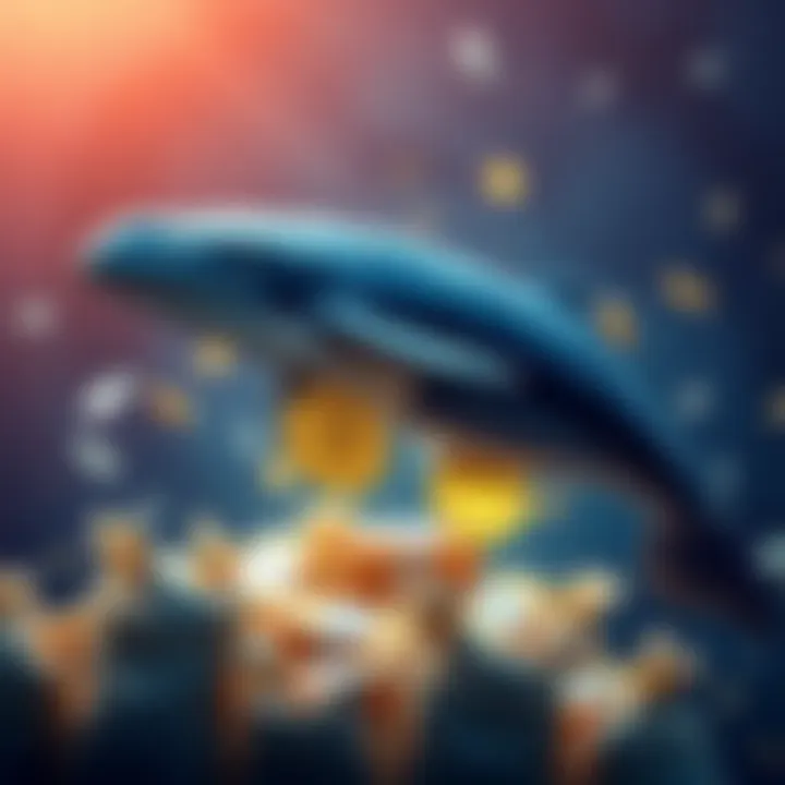 Whale Returns Funds After Scam A digital representation of a whale symbolically returning money, with bags of cryptocurrency in the background, showcasing the unusual nature of the TON address poisoning scam.