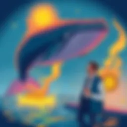 An illustration showing a whale symbolizing a major investor making a $128 million bet against Bitcoin and Ethereum, alongside a typical investor considering a loan to buy more Bitcoin, reflecting the...