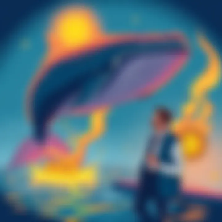 An illustration showing a whale symbolizing a major investor making a $128 million bet against Bitcoin and Ethereum, alongside a typical investor considering a loan to buy more Bitcoin, reflecting the...