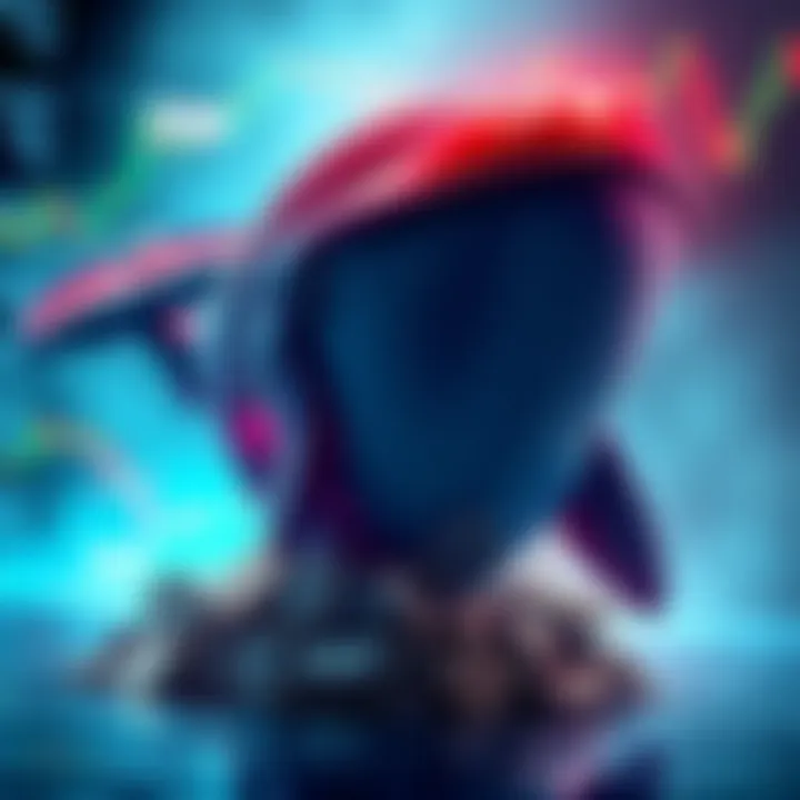 A digital art representation of a whale symbolizing a trader facing losses in cryptocurrency, with XRP charts showing a price surge in the background.