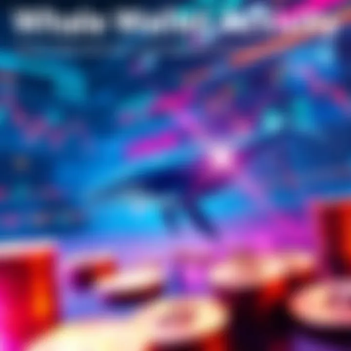 A visual representation of whale wallets moving cryptocurrency, indicating increased market activity, with graphics showing coins and charts.