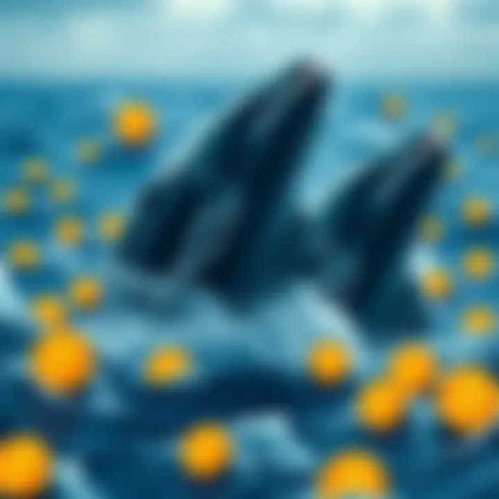 A depiction of giant whales in a turbulent sea with Bitcoin symbols, representing financial struggles and risky investments.