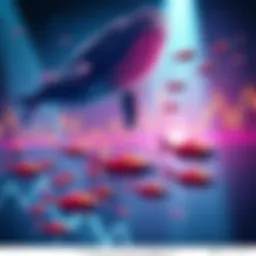 A graphic showing large whales symbolizing big investors buying Kaspa while smaller fish represent investors holding, amidst a fluctuating price chart.