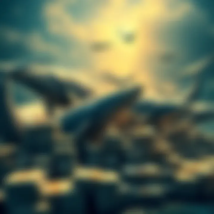 A group of whales represented as large financial investors, with stacks of shares in front of them, indicating daily trading activity.