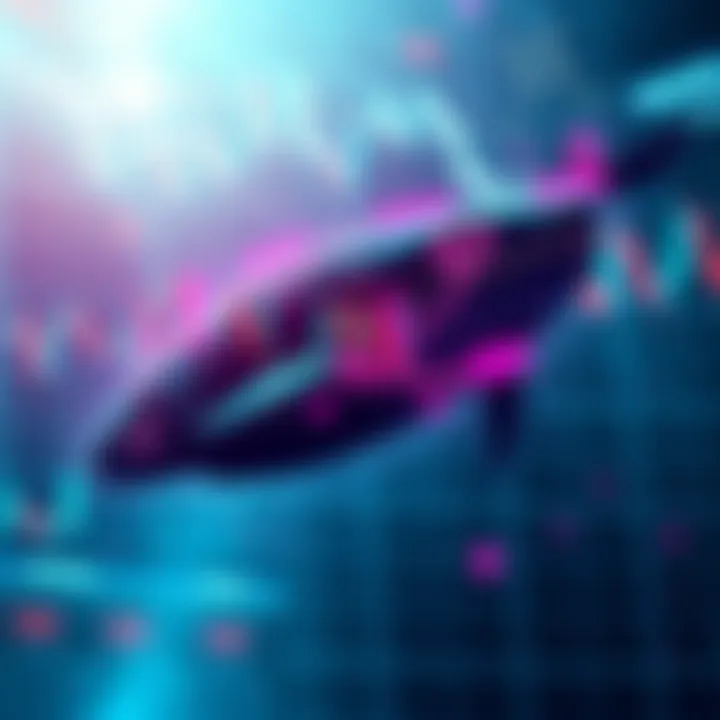 Whales in Cryptocurrency Market A large whale swimming in digital waters, symbolizing major cryptocurrency investors, with charts and graphs in the background representing market activity.