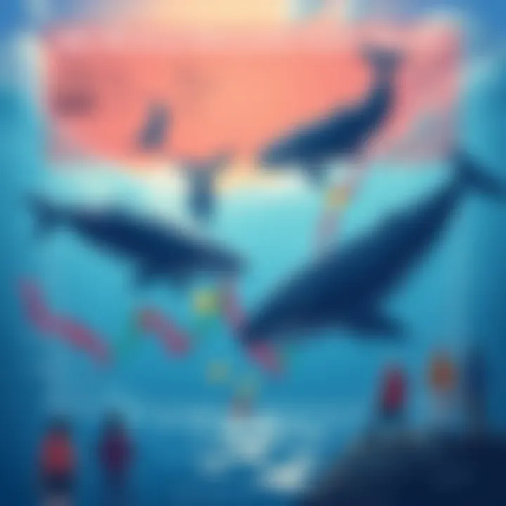 Illustration of whales swimming around a chart showing declining prices, symbolizing market manipulation. Community members are observing the situation from the shore.