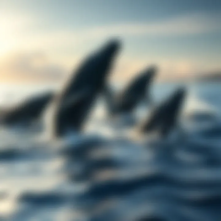 A group of whales breaching the water, playfully splashing around as they interact with each other and the surrounding environment.