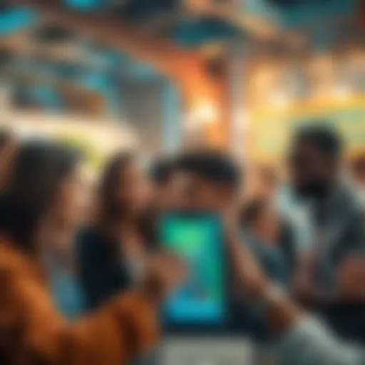 A group of diverse people discussing over a smartphone with WhatsApp open, showcasing teamwork for a hackathon.