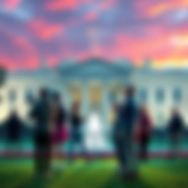 A group of diverse artists discussing in front of the White House, illustrating the relationship between art and technology