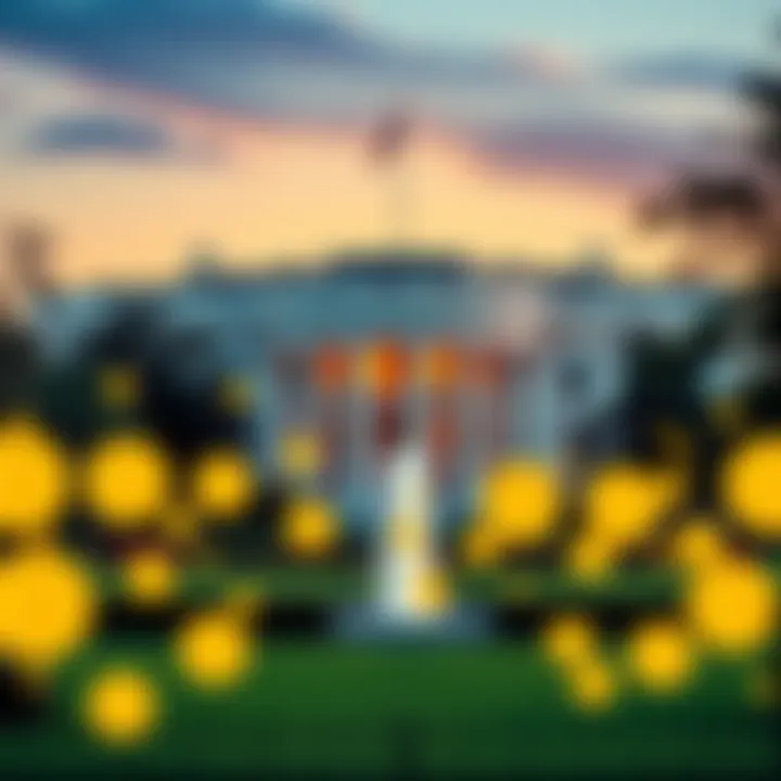 The White House building with Bitcoin symbols in the foreground, signaling a major announcement about Bitcoin reserves.