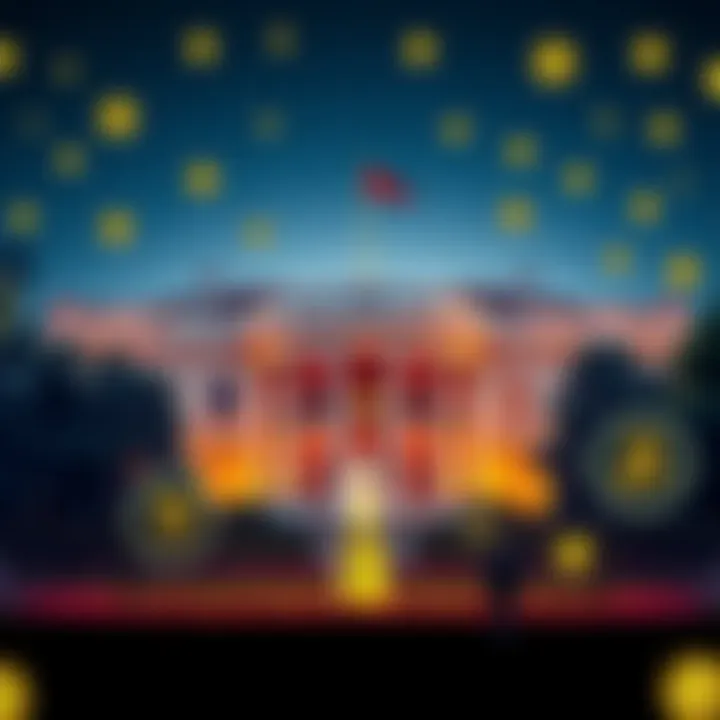 Illustration of the White House with cryptocurrency symbols surrounding it, representing the investigation into crypto debanking practices.