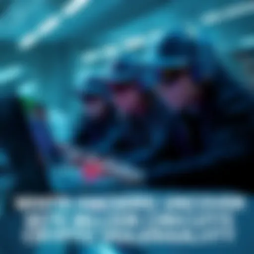 A group of white hat hackers working together on laptops in a modern office, focused on uncovering a serious security vulnerability related to cryptocurrency.