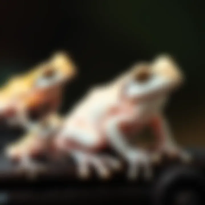 A large older white tree frog next to smaller younger white tree frogs, showing size and color differences