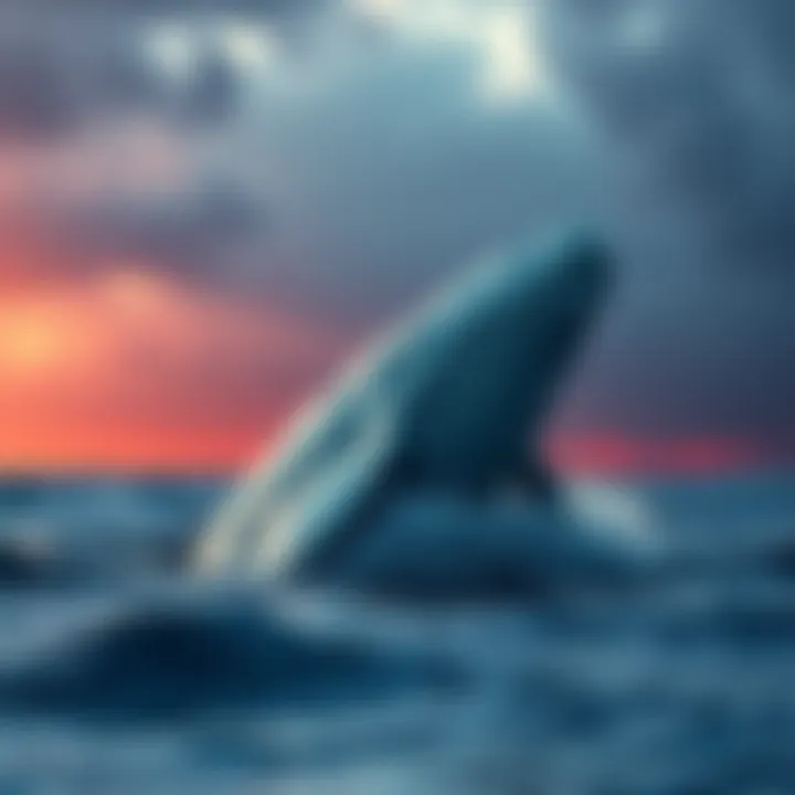 A large white whale breaching the ocean surface with a backdrop of dark clouds symbolizing a falling market