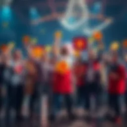 A group of happy people holding cryptocurrency symbols and banners celebrating their success in the digital currency market.