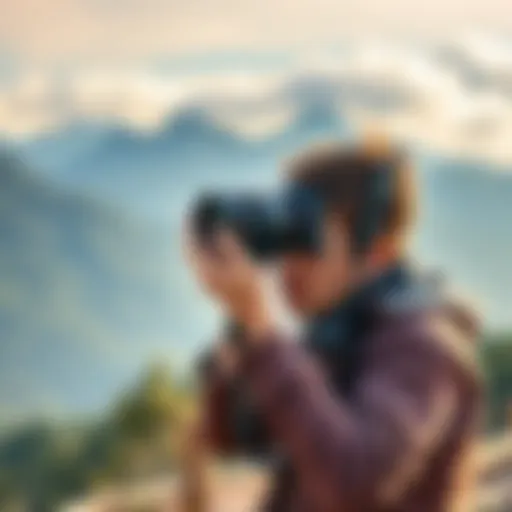 A photographer adjusting a wide angle zoom lens while capturing a scenic landscape with mountains and trees