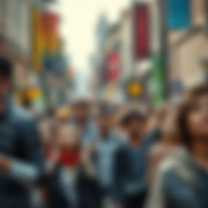 A busy street scene with people reacting to unexpected events like a sudden weather change or a street performance, showcasing their expressions of surprise and excitement.