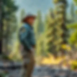 A wilderness ranger stands in a peaceful forest, deep in thought about becoming a union steward, surrounded by trees and nature.