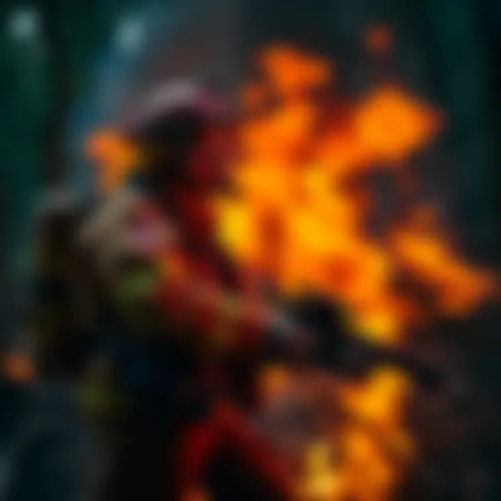 A wildland firefighter battling flames in a forested area while wearing protective gear