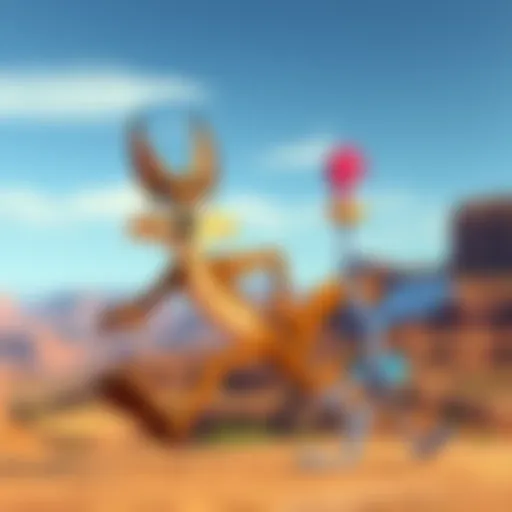 Wile E. Coyote chasing after Road Runner with a backdrop of canyon scenery