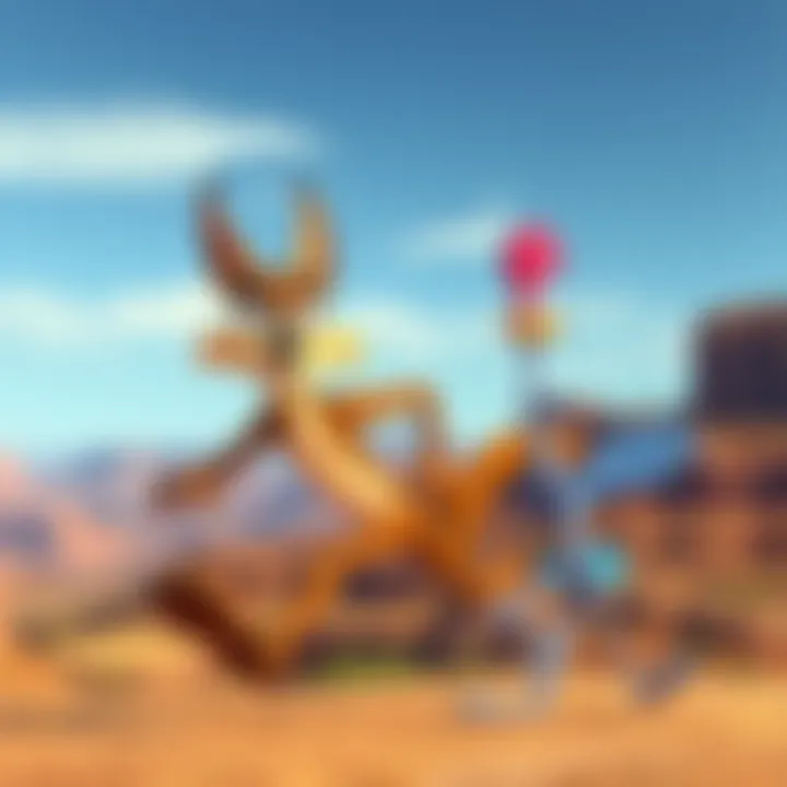 Wile E. Coyote chasing after Road Runner with a backdrop of canyon scenery