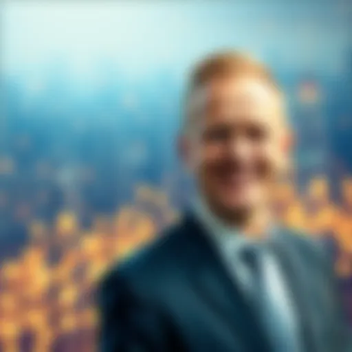 William Herkelrath smiling confidently in a business suit, representing his new role as CEO of Algorand, with a blockchain-themed background.