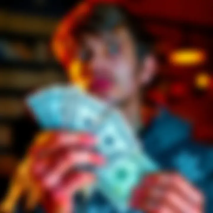 Individual looks concerned while holding cash, contemplating tax responsibilities after a big win on Polymarket
