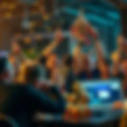 A group of people celebrating victory at a hackathon, with trophies and laptops on the table.
