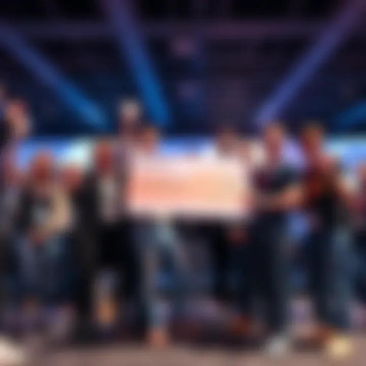 Winning Team at Hackathon A team of young adults celebrating their victory at a hackathon event, holding a check for prize money and smiling proudly.