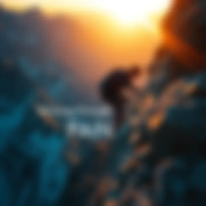 A person climbing a steep mountain, symbolizing the struggle and pain that leads to success, with determination on their face.