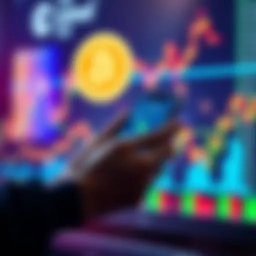 A person using a smartphone to withdraw money from Coinbase Wallet, with financial icons in the background