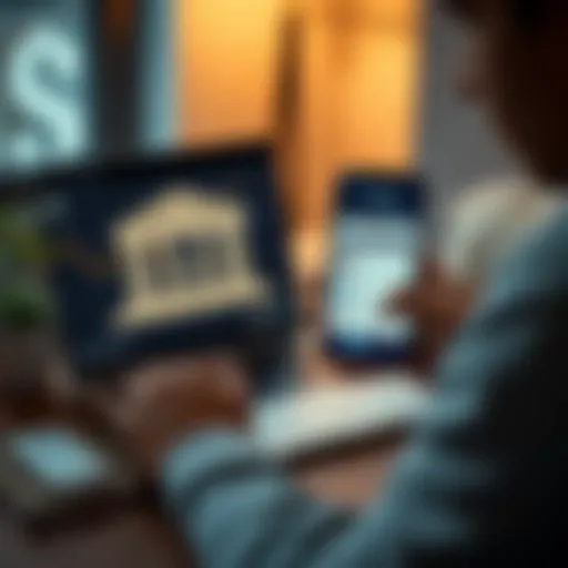 A person looking at a bank account on a laptop while holding a smartphone with a cryptocurrency app open, symbolizing the process of converting USDC to USD in Canada without fees.