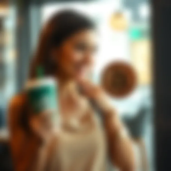 A woman happily holding a Starbucks cup while looking at a Bitcoin symbol, representing her choice of coffee over cryptocurrency.