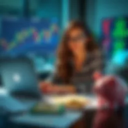 A 38-year-old woman looking at cryptocurrency charts on her laptop, surrounded by financial documents and a piggy bank, symbolizing her retirement savings investment.