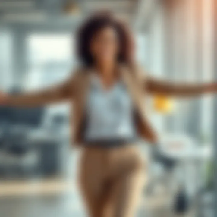 Woman embracing new opportunities A determined woman standing confidently in a new office setting, symbolizing a fresh start after losing her job.