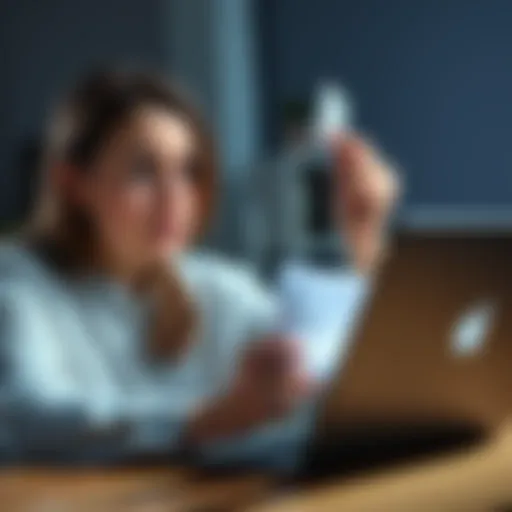 A woman looks worried while reading an email on her laptop, concerned about a potential investment scam that affects her husband's finances.