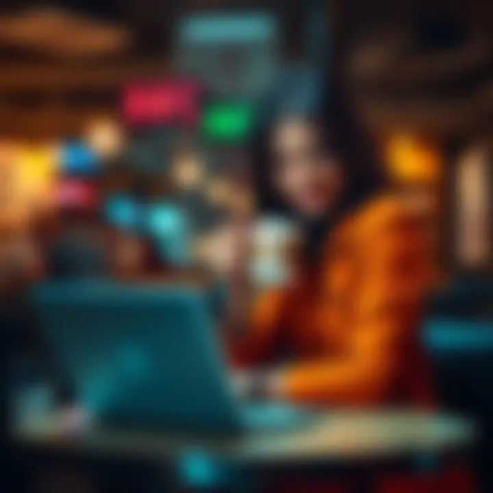A woman sits at a café, enjoying a latte, with a laptop open showing Bitcoin charts. She appears confident and focused on her investments while ignoring distractions around her.