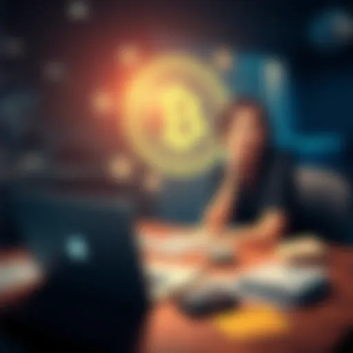 A woman sitting at a table with a laptop, looking puzzled while examining Bitcoin information on the screen, surrounded by papers and notes about wallets and transactions