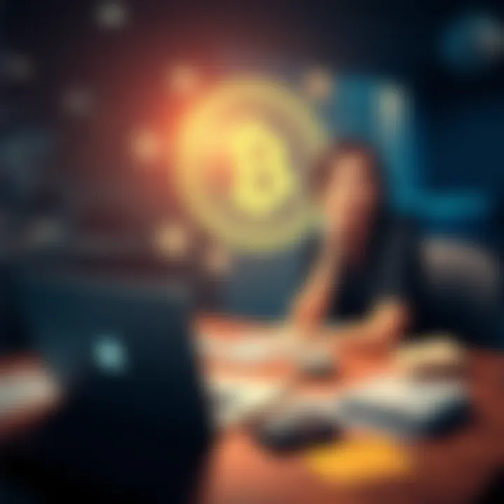 A woman sitting at a table with a laptop, looking puzzled while examining Bitcoin information on the screen, surrounded by papers and notes about wallets and transactions
